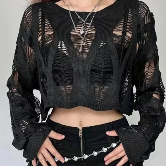 Grunge Cutout Cropped Long Sleeve Top - Picture 2 of 3